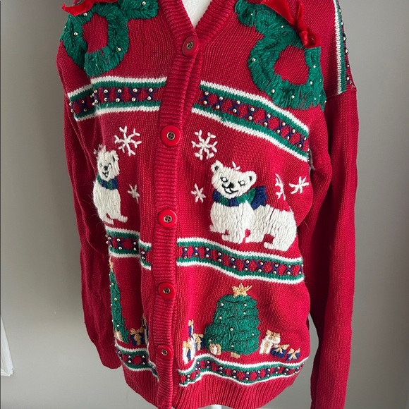 Vintage Red Holiday Christmas Tree Polar Bear Knit Cardigan Sweater Medium - Picture 2 of 11